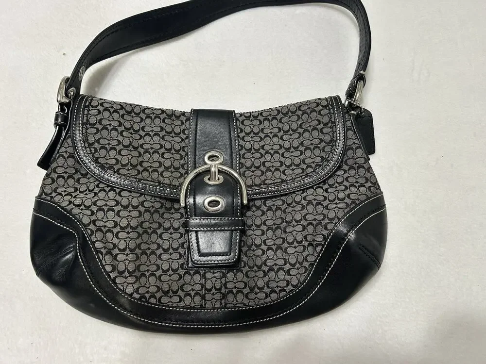 Vtg Y2K Coach F10926 Soho Black Leather & Signature C Canvas Shoulder Bag